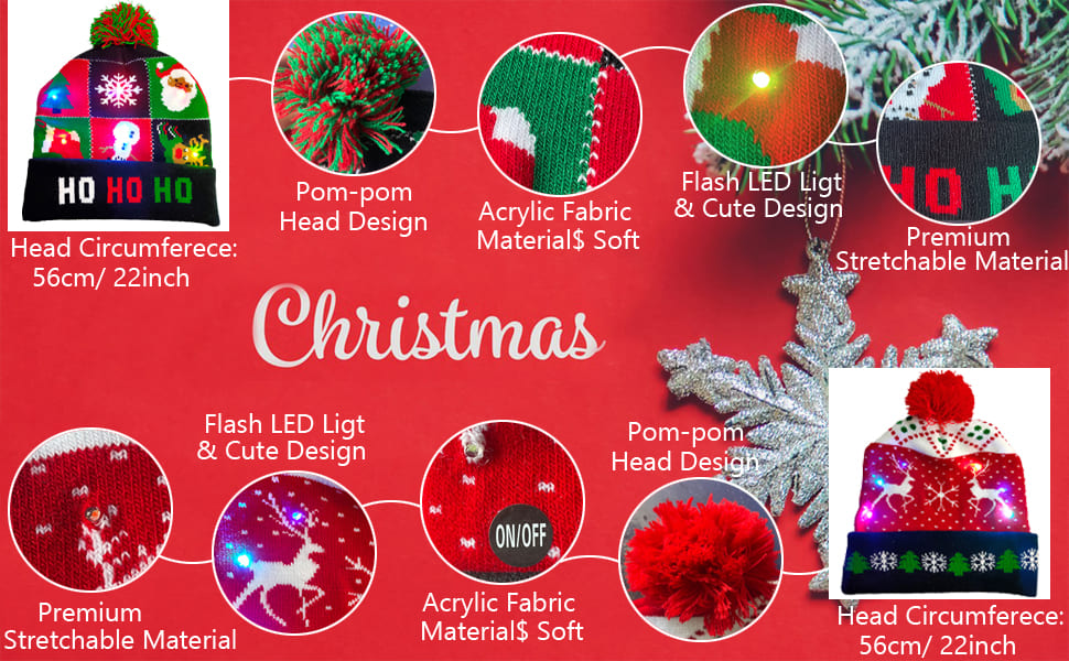 Čepice na vánoce sváteční na zimu různé motivy (designy) svítící s LED