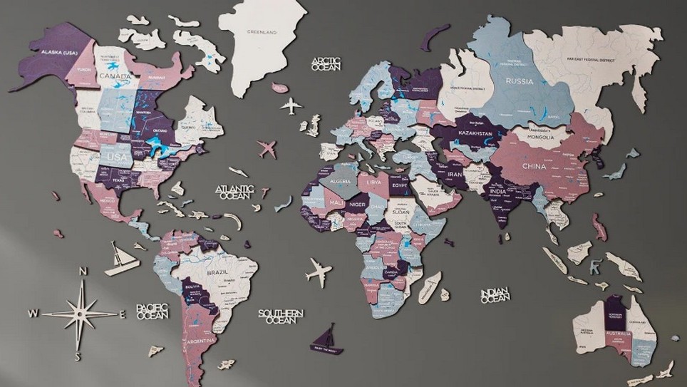 3D dřevěná nástěnná mapa světa PASTEL - 300 cm x 175 cm