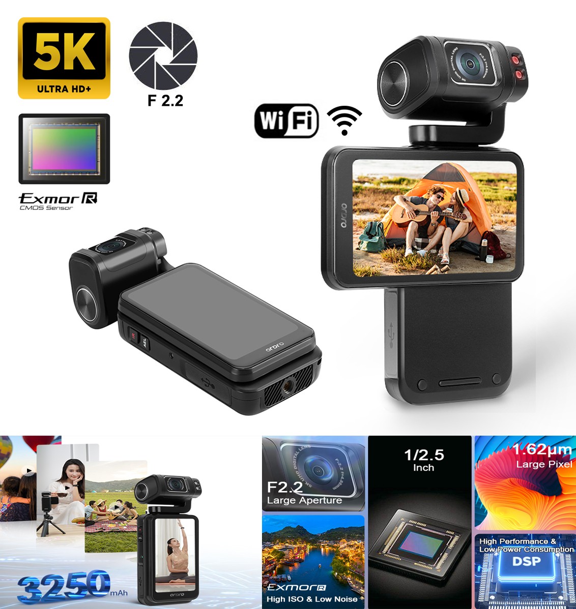 4K / 5K vlogovací videokamera Wifi s 3,5" dotykový displej otočná o 180° s IR LED - Ordro M3