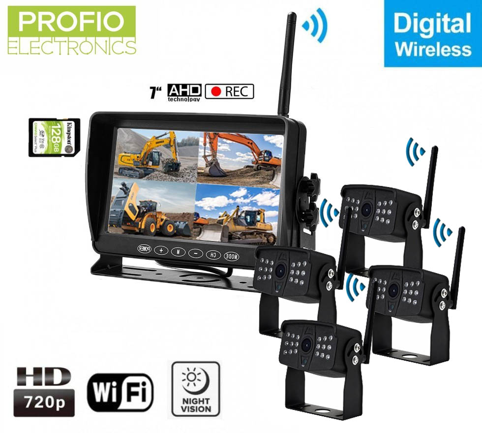 Wifi parkovací kamery s monitorem bezdratove s nahráváním na SD - 4x AHD wifi kamera + 7 