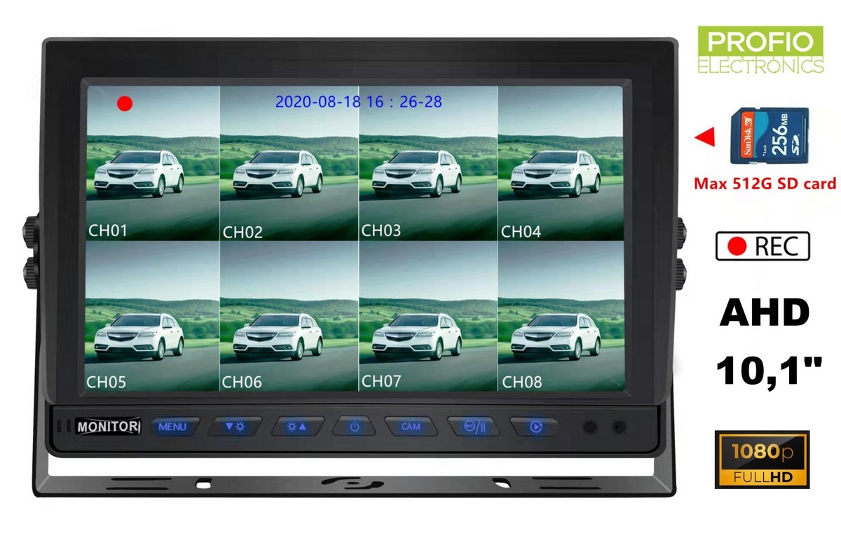 Hybridní 10,1" monitor do auta: 8-CH, AHD/CVBS s nahráváním na micro SD kartu (do 512 GB) pro 8 kamer