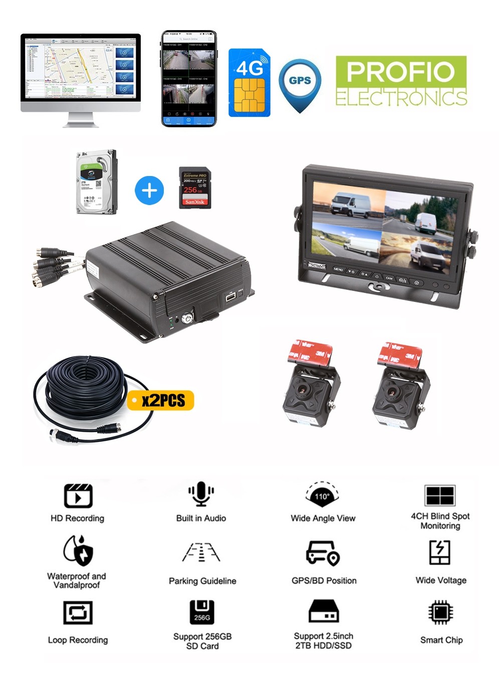 DVR kamerový systém do auta 4 kanálový (až do 2TB HDD) + GPS/WIFI/4G SIM + sledování v reálném čase - PROFIO X7