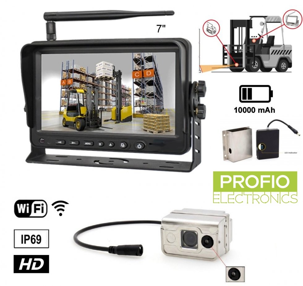 Laser + Kamera SET pro vysokozdvižný vozík - 7″ AHD monitor + HD Wifi kamera IP69 + baterie 10 000 mAh