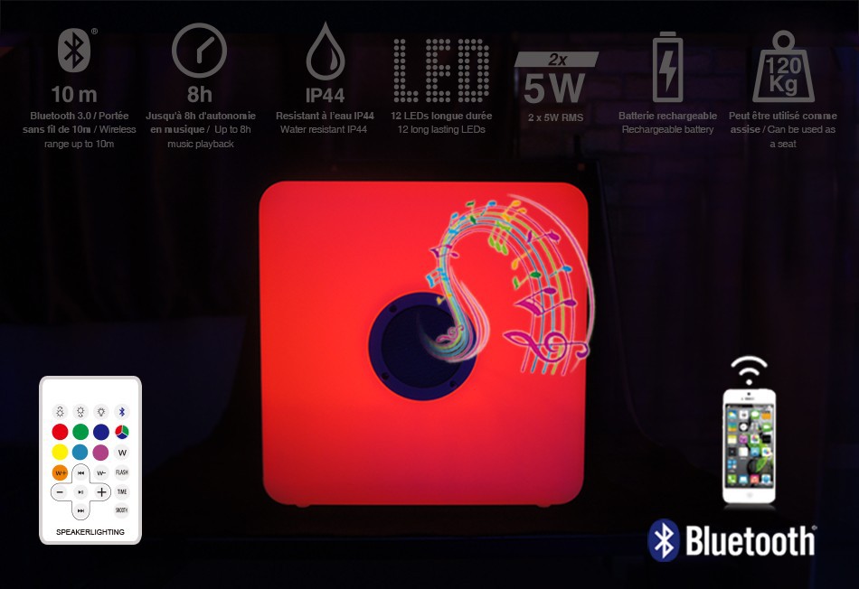 Bluetooth reproduktor LED se 7 barevnými módy - 10W + IP44 (30x30x30cm) - exteriér/interier