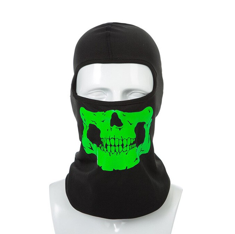 Stylová černá kukla s maskou - reflexní vzor SKULL zelená