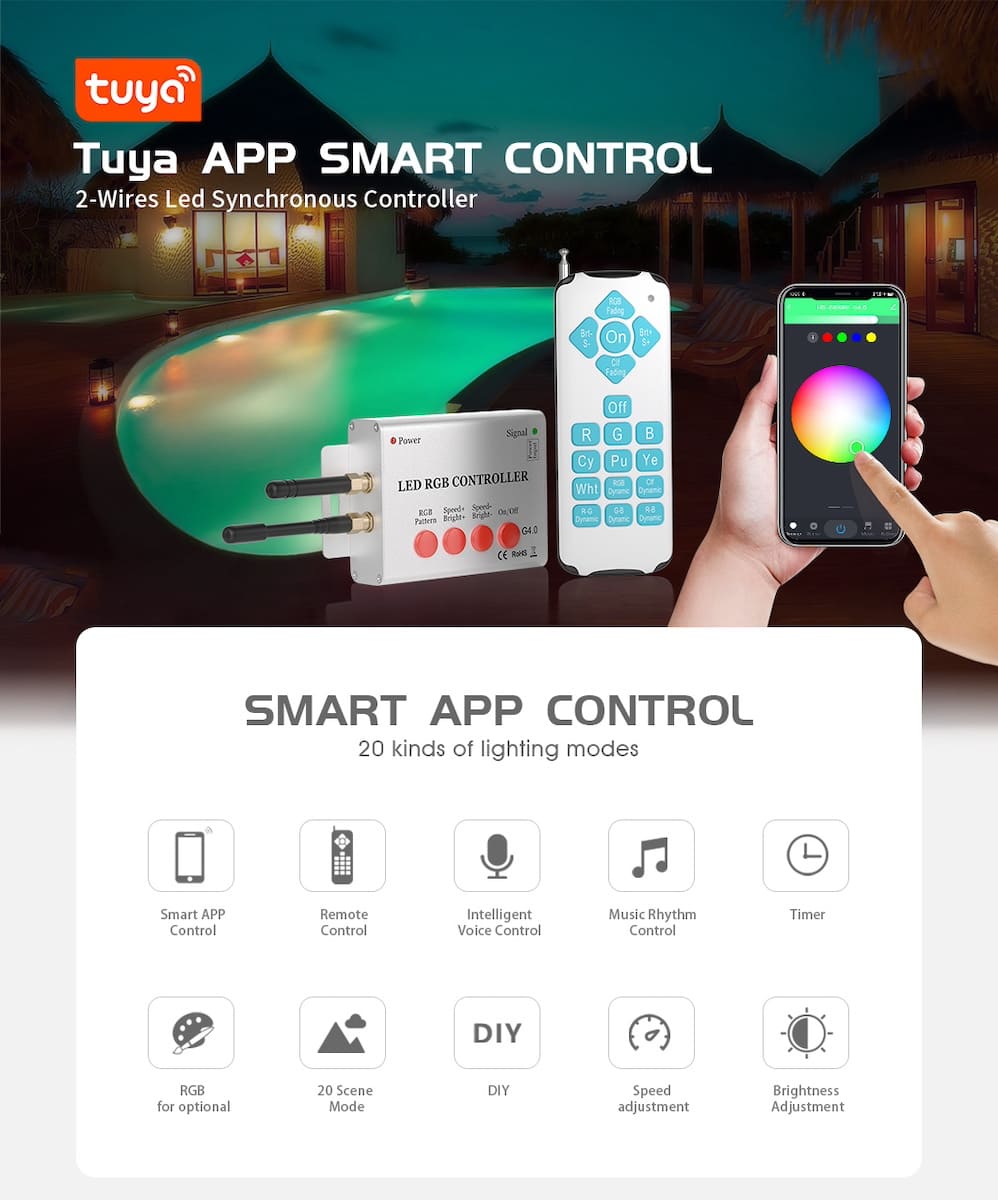 Smart ovladač na RGB osvětlení do bazénu - ovládání přes Smartphone Tuay app