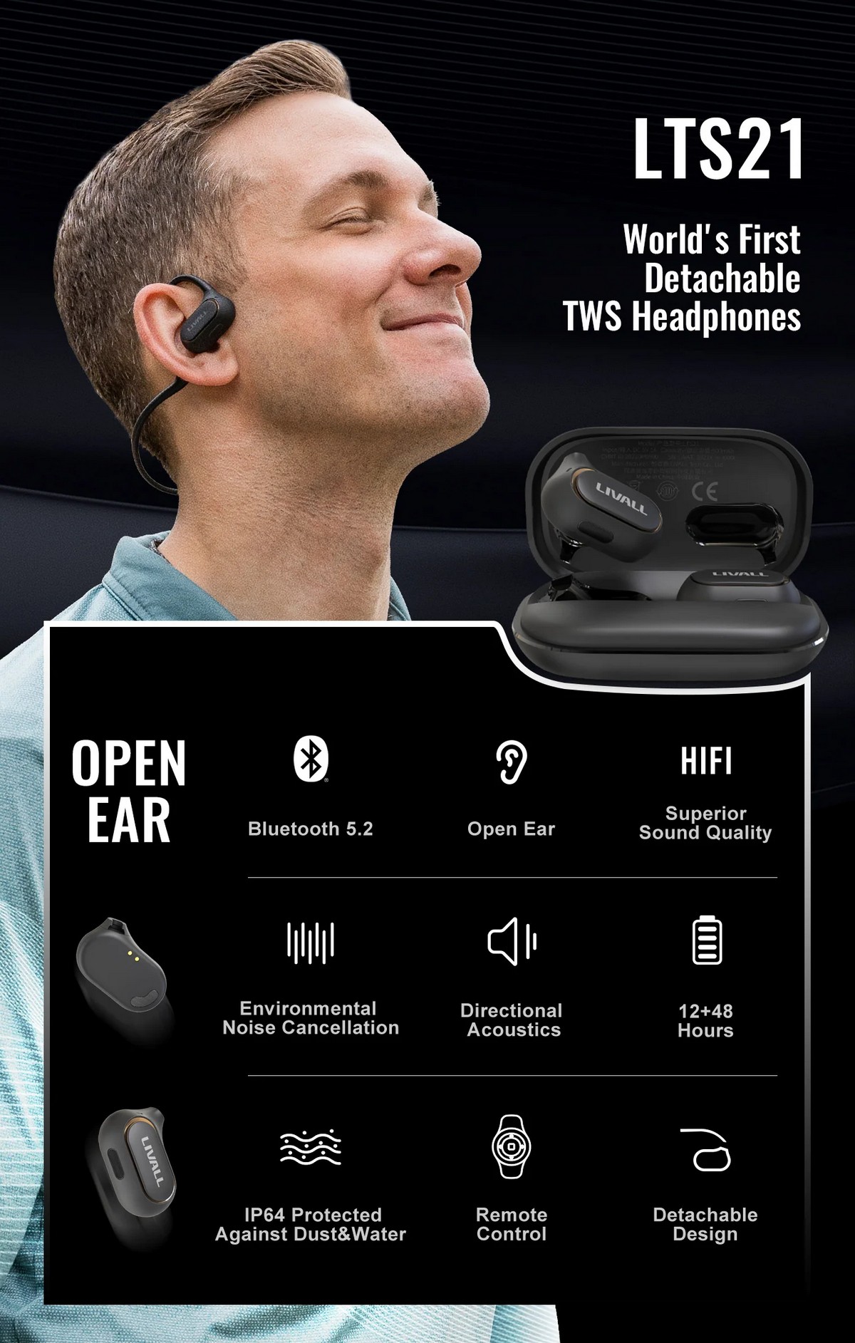 Sportovní bezdrátová sluchátka s bluetooth - odnímatelný open-ear design
