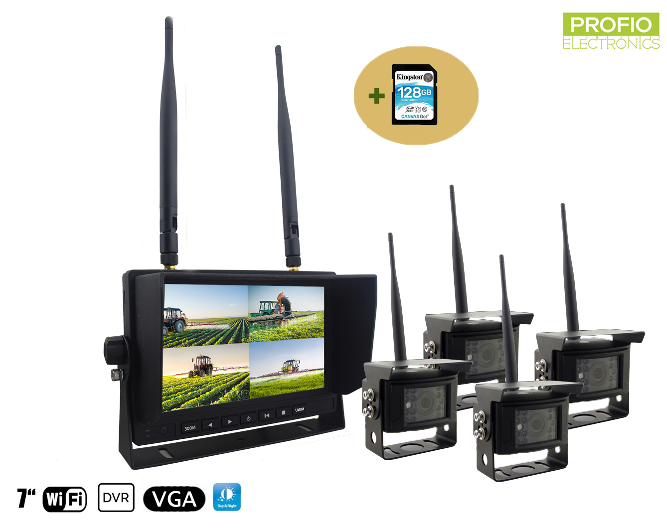 Bezdrátová kamera s monitorem - 4x kamera + 7 "LCD s nahráváním DVR (Audio + Video) + karta 128GB SDXC