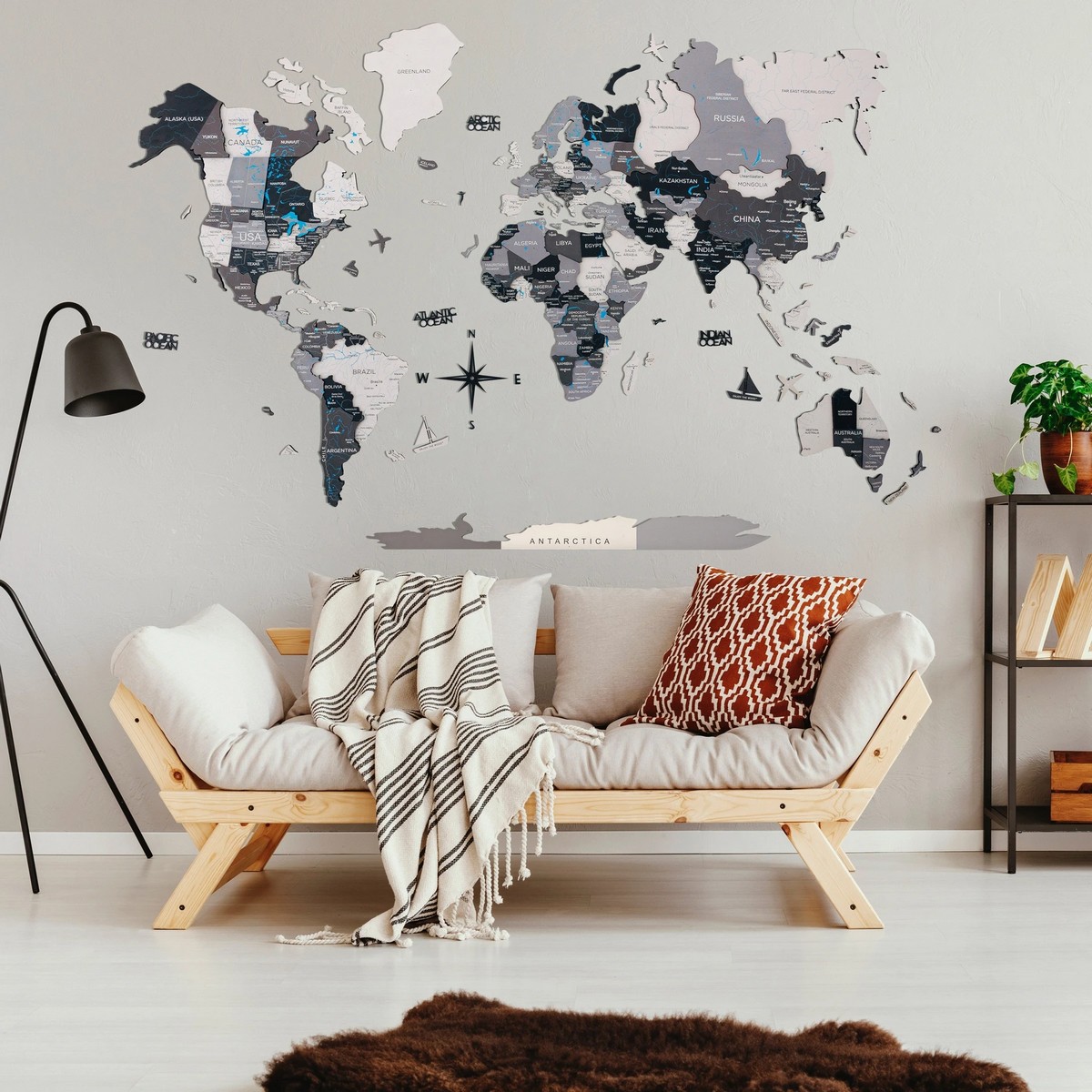 mapa světa na stěnu ze dřeva