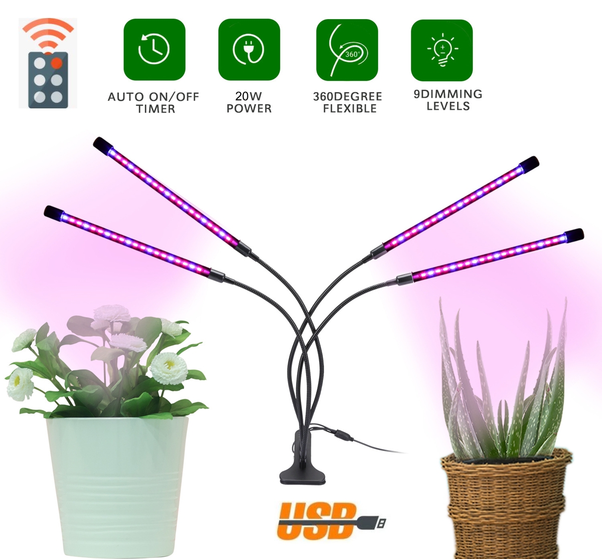 Světlo pro rostliny LED 36W (4x9W) 4 hlavy husí krk + dálkové ovládání