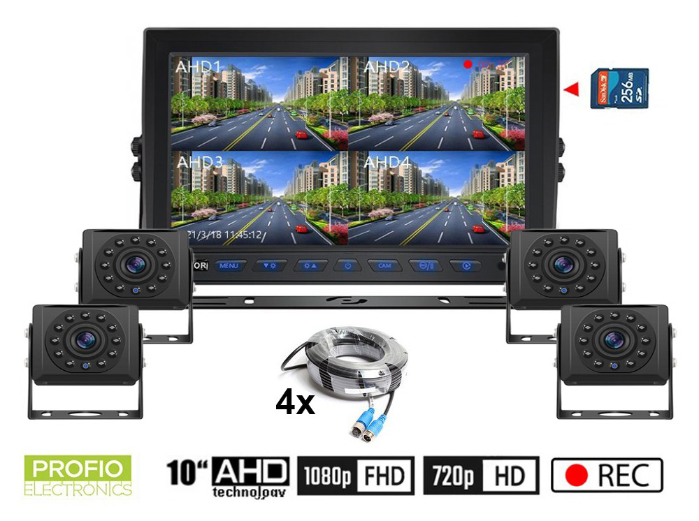 Pracovní kamery AHD set s nahráváním na SD kartu - 4x HD kamera s 11 IR LED + 1x Hybridní 10 "AHD monitor