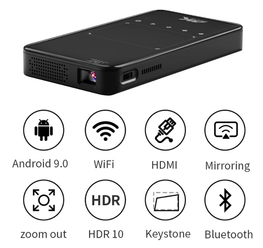 Mini projektor kapesní SMART Wifi s 4K rozlišení + LED + Android 9.0 až do úhlopříčky 120