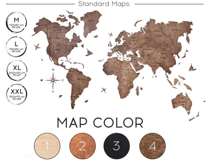 drevena mapa světa na stěnu cerna barva