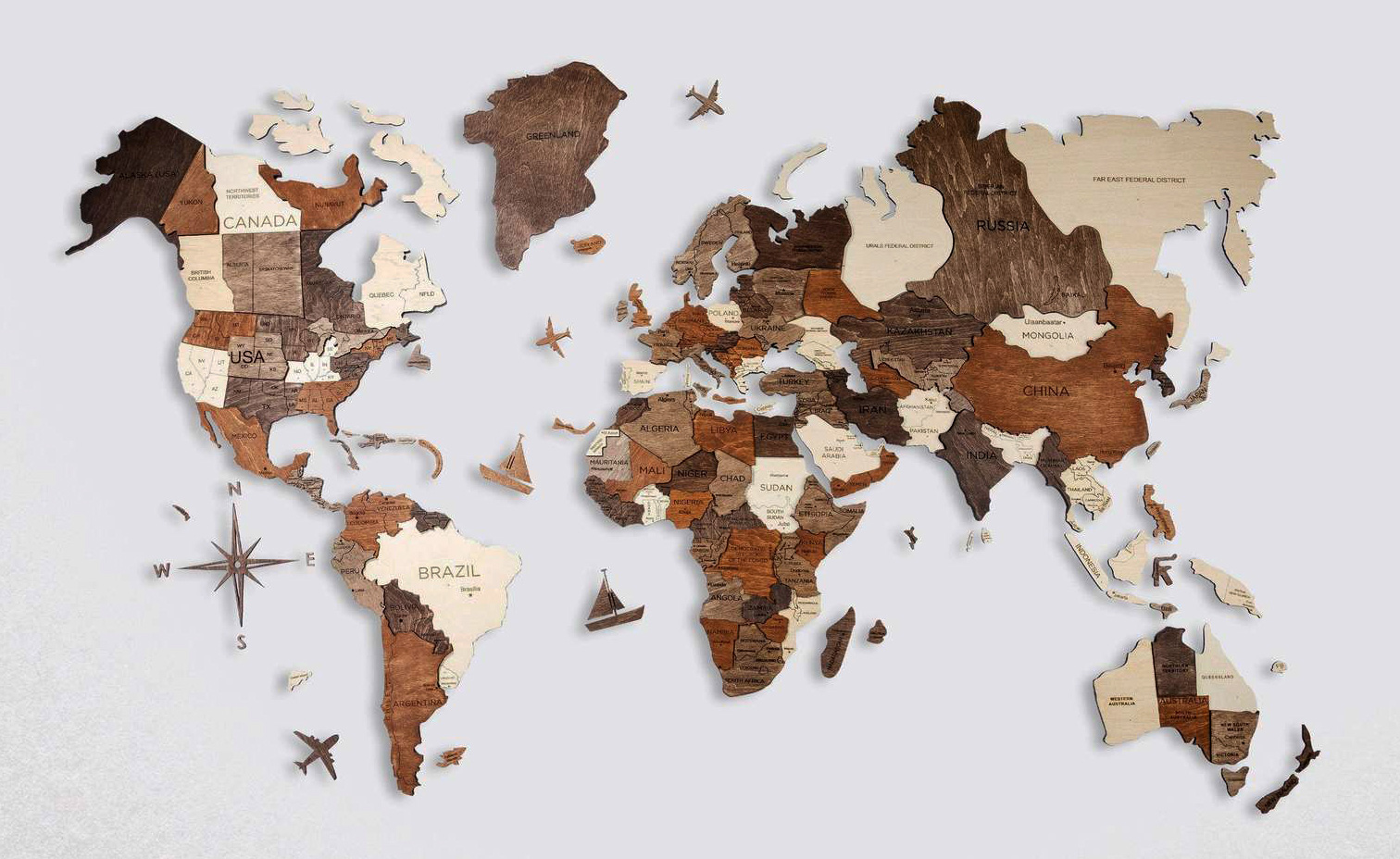 3D mapy na stěnu - dřevěná mapa 150 cm x 90 cm
