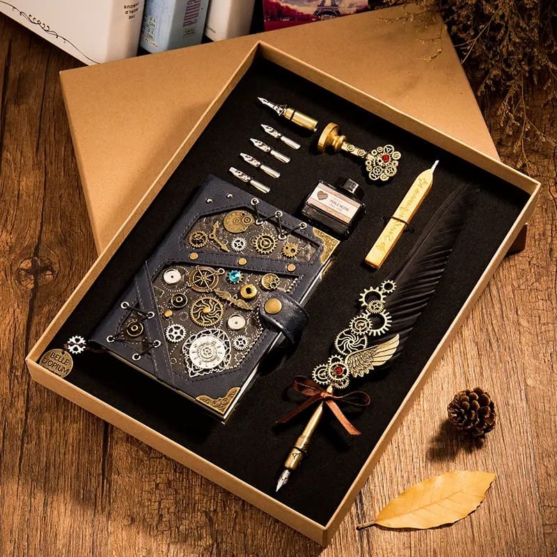 Originální a luxusní dárek - Steampunk zápisník + pero s pírkem