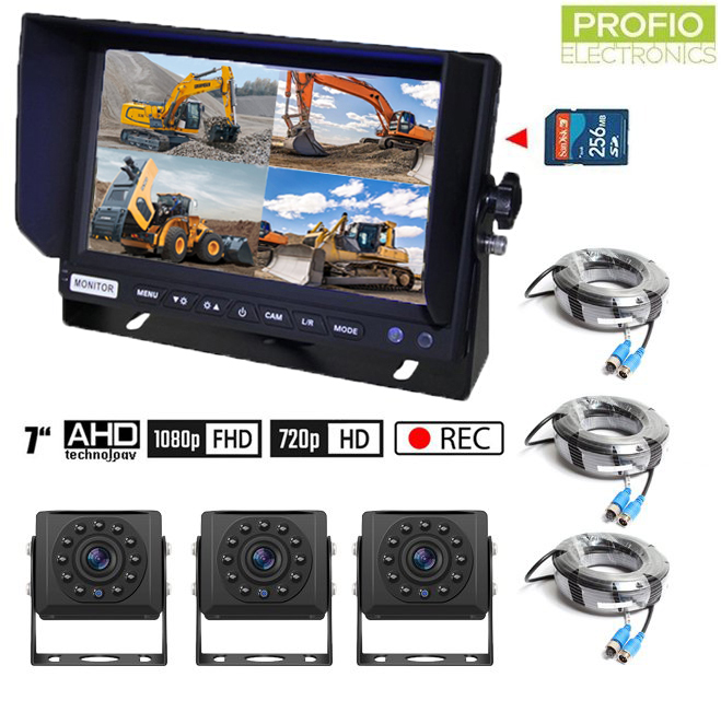 Set na couvání AHD s nahráváním na SD kartu - 3x AHD kamera s 11 IR LED + 1x Hybridní 7 "AHD monitor