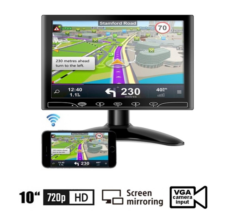 10 "Mirror Link monitor do auta WiFi LCD multifunkční - VGA, HDMI a AV vstup pro 2 kamery