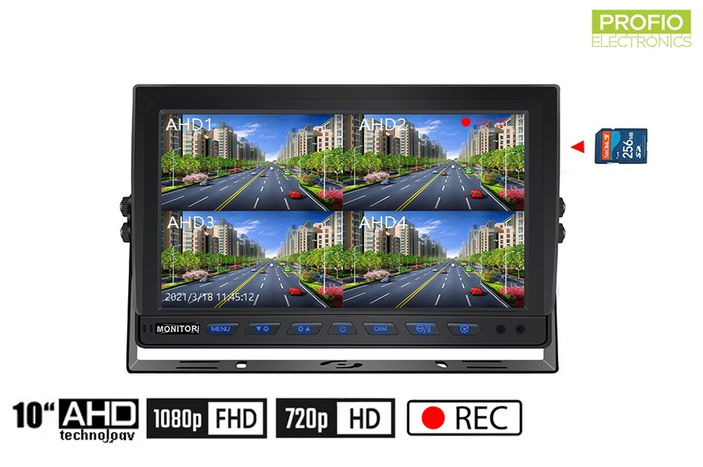 Hybridní 10.1 "monitor do auta: 4-CH, AHD / CVBS s nahráváním na micro SD kartu (do 256 GB) pro 4 kamery