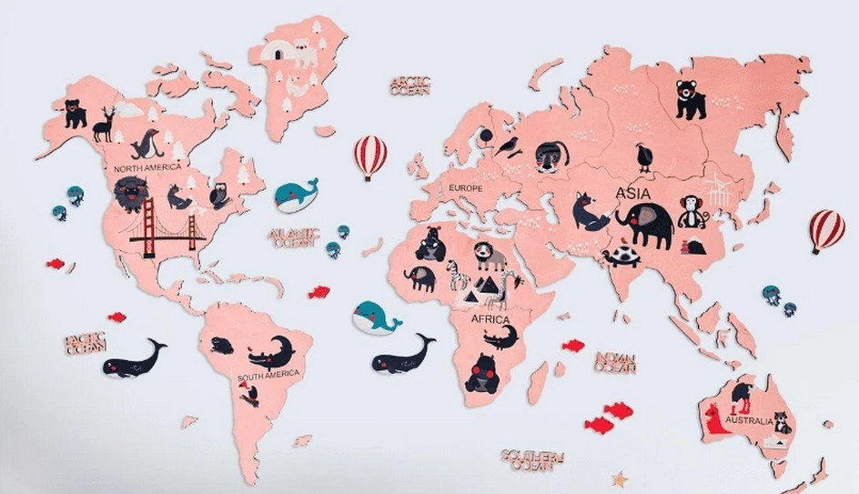 Mapa světa pro děti dřevěná 2D na stěnu - RŮŽOVÁ 150x90cm