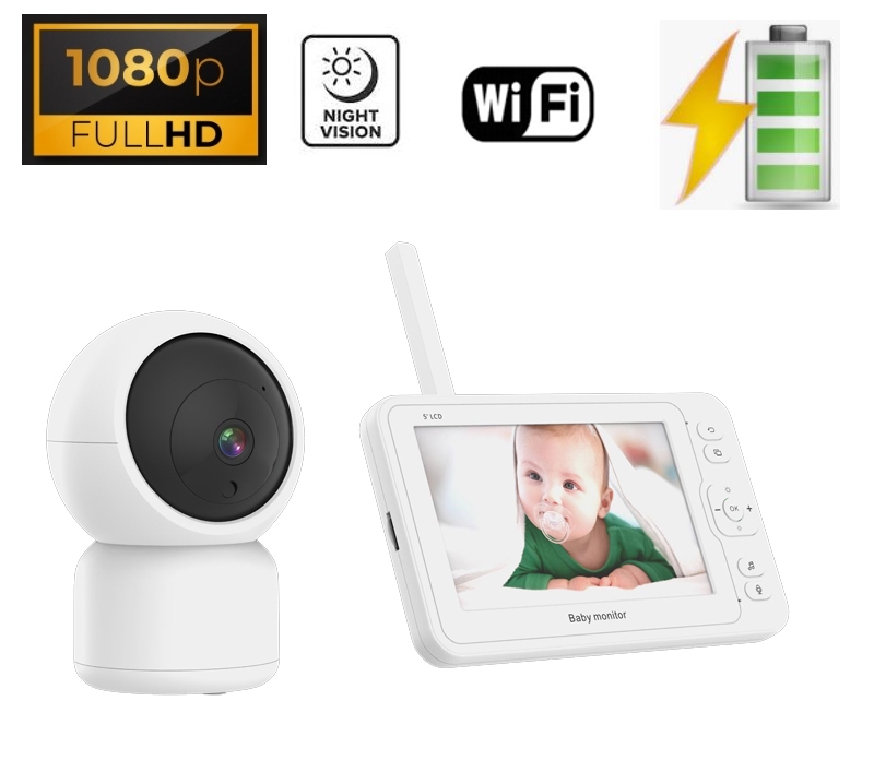 Video Baby monitor - Wifi SET - 5" LCD + FULL HD kamera s otáčením s IR LED + VOX + Teploměr