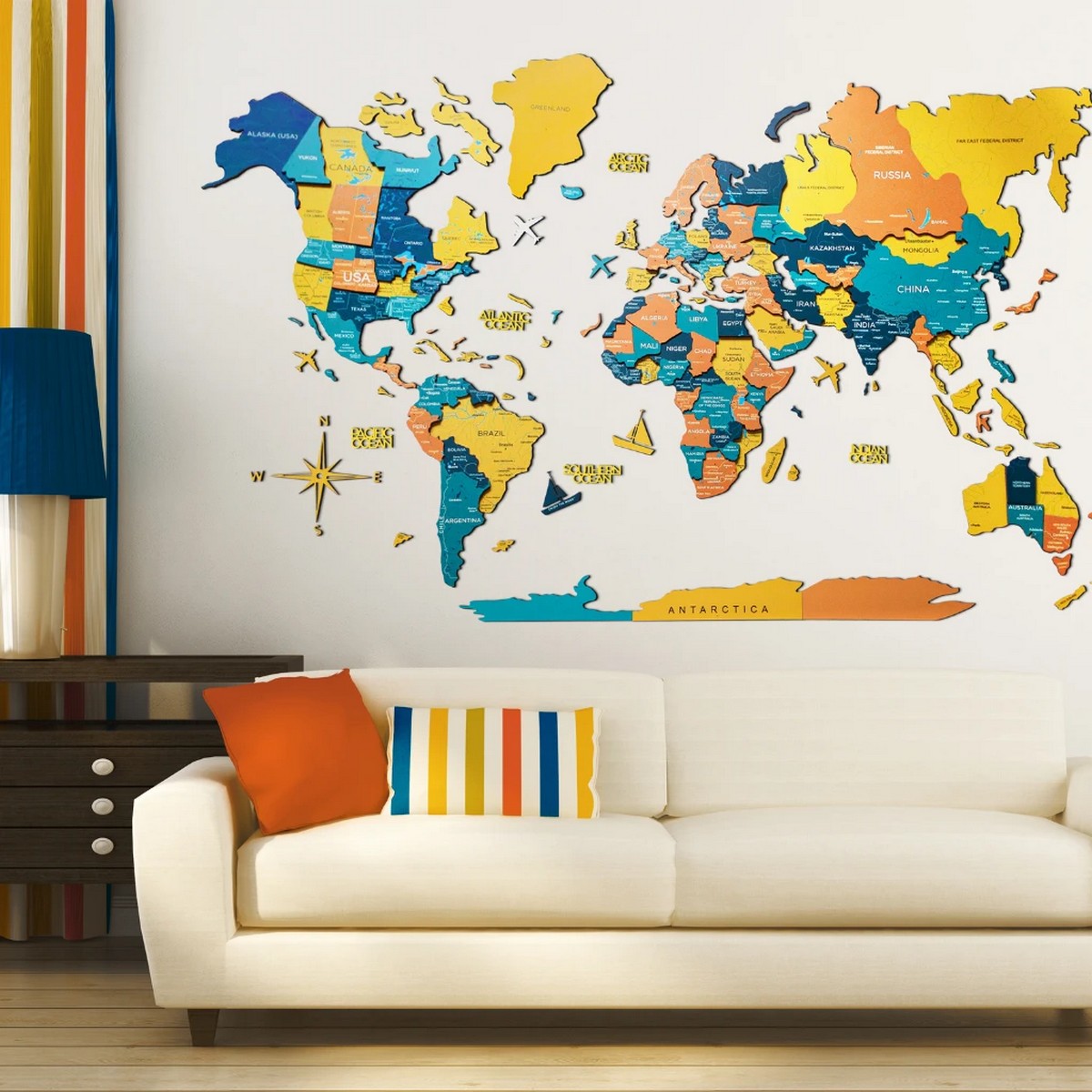 barevná mapa na stěnu dřevěná 3d