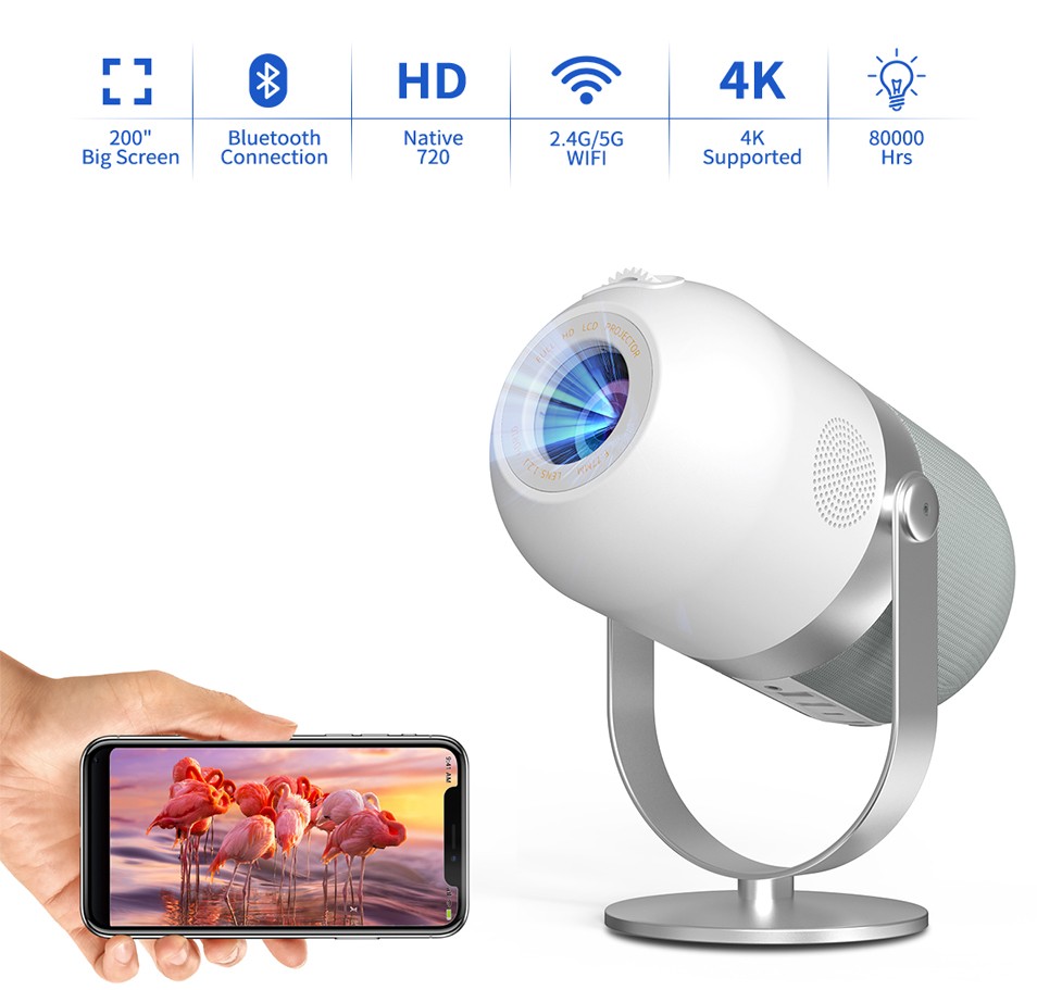 Přenosný projektor - Wifi dataprojektor až 4K podpora + 5.0 Bluetooth + 4500 lumenů - až 200" promítací plocha