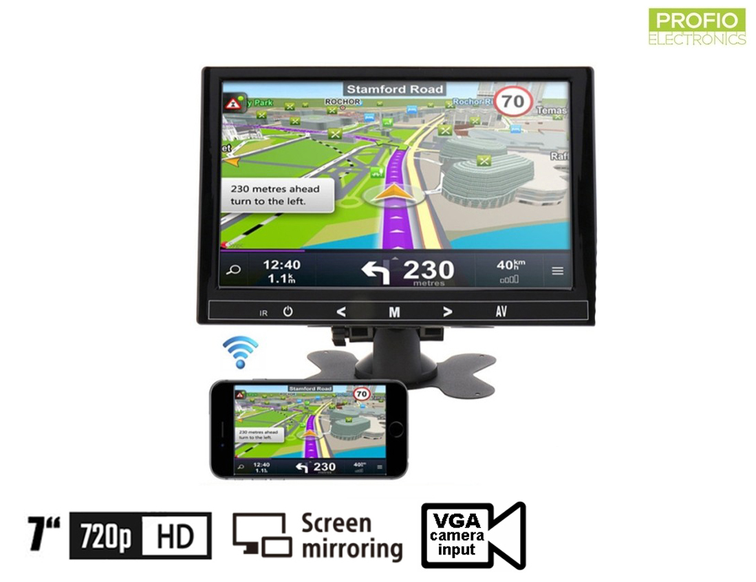 7 "Mirror Link WiFi LCD monitor do auta multifunkční - VGA, HDMI a AV vstup pro 2 kamery