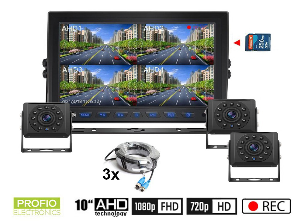 Kamery na couvání AHD set s nahráváním na SD kartu - 3x HD kamera s 11 IR LED + 1x Hybridní 10 