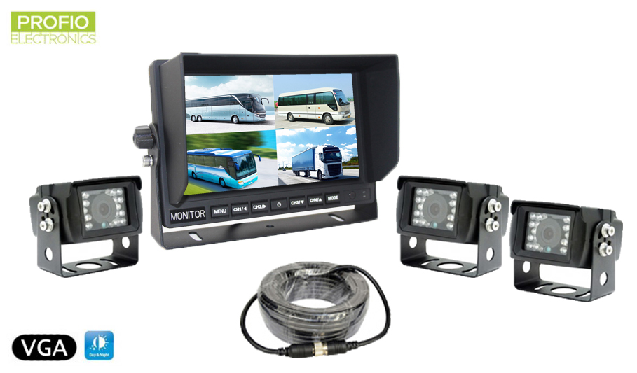 VGA set na parkování - 7 "LCD monitor + 3x voděodolná couvací kamera s úhlem 150 °