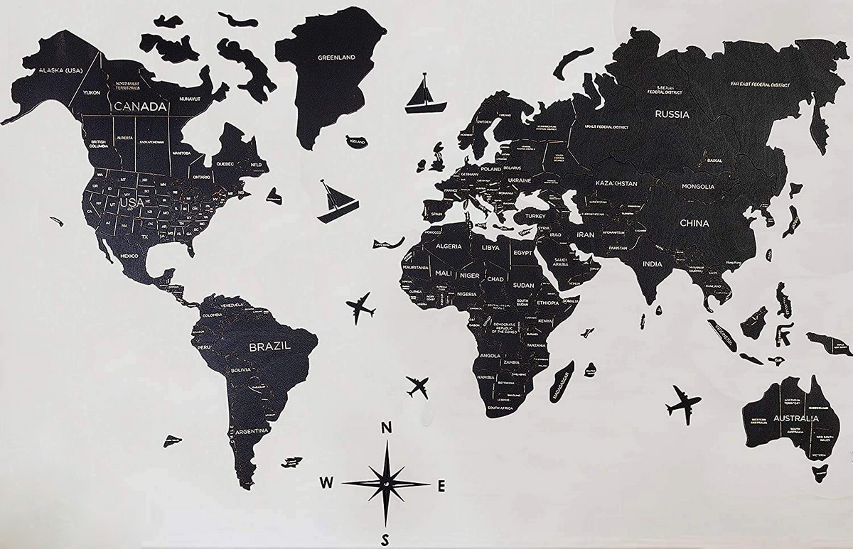 Dřevěná mapa světa na zeď - Barva černá 200 cm x 120 cm