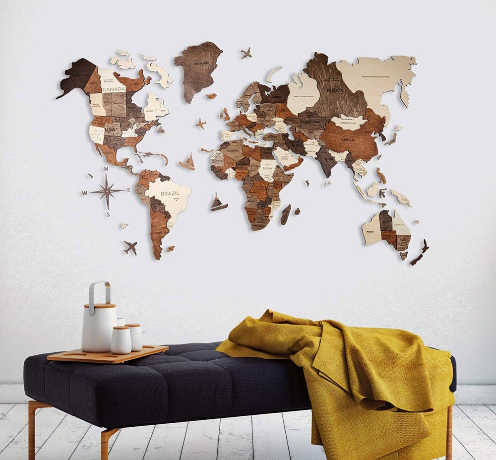 3D drevena mapa světa na stěnu